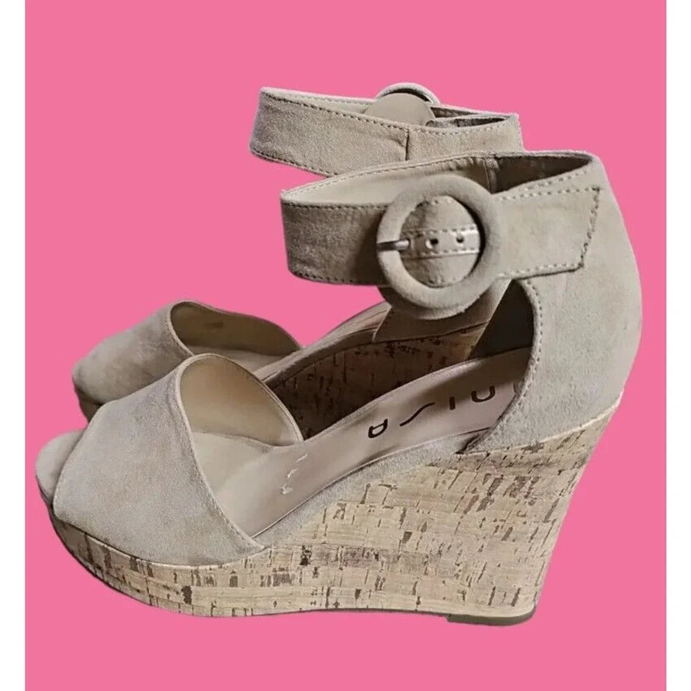 Unisa Cork Wedge‎ Heels Platform Sz 10 70s Womens Textile Open Toe Tan C31